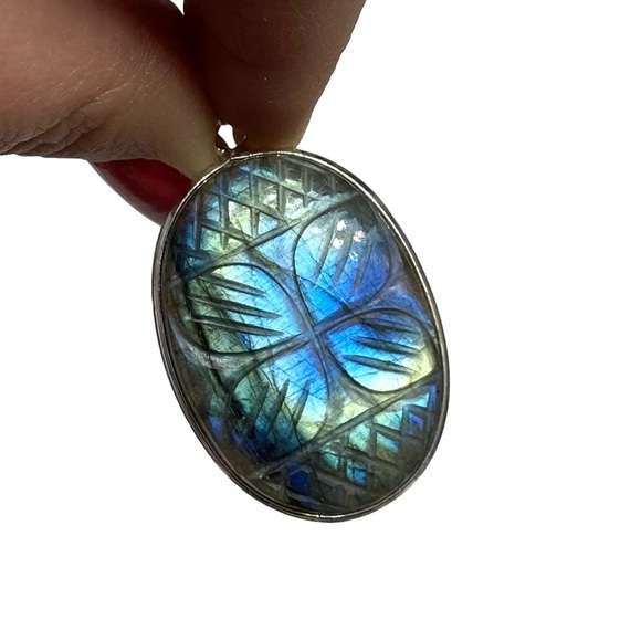 Jewelry - Labradorite Necklace Pendant Sterling Silver 925 Carved Natural Stone Crystal